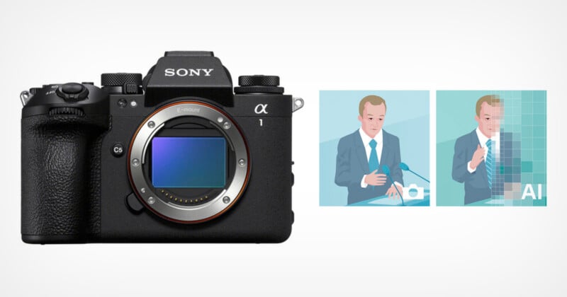 Image of a Sony Alpha camera on the left. To the right, two illustrations show a person giving a speech: the first is clear, the second is pixelated with "AI" text, suggesting artificial intelligence processing.