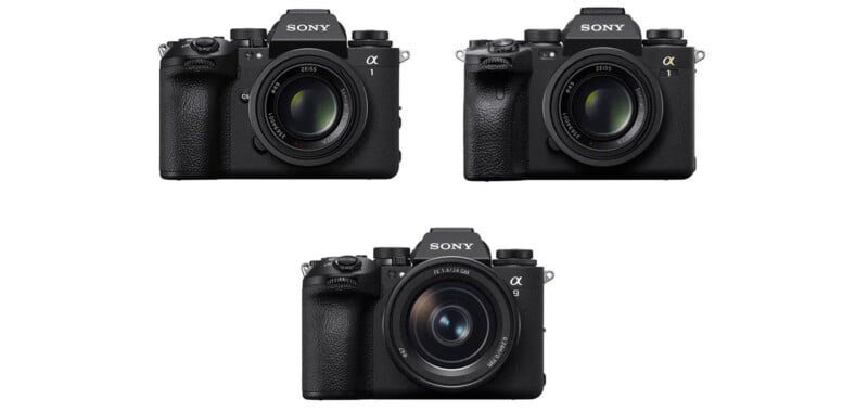 Three Sony Alpha series cameras are displayed against a white background. They are positioned with two cameras at the top and one at the bottom, each showcasing their lenses and distinctive black design.