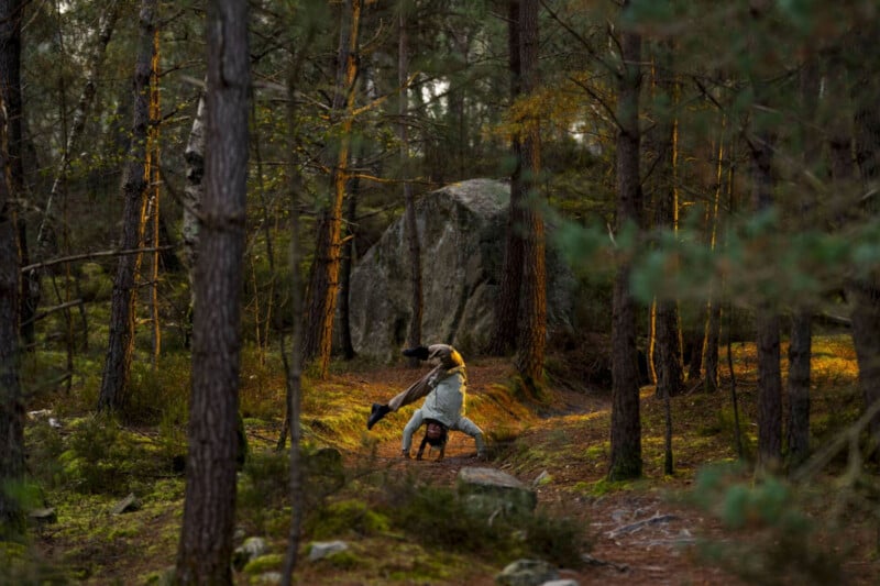 A person performs a handstand in the middle of a forest with trees and rocks around them. Sunlight filters through the branches, creating a warm, natural atmosphere.