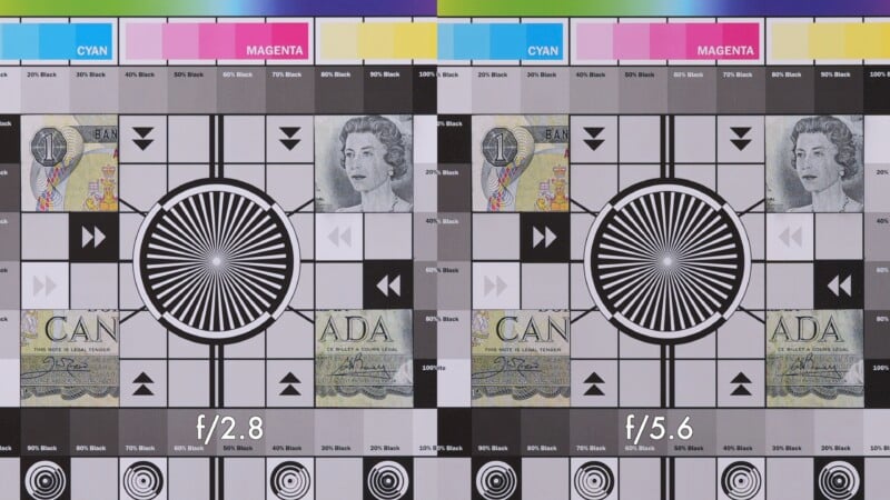 A close-up of a camera test chart with various colors, patterns, and small text details. The chart compares two images labeled f/2.8 and f/5.6, showing differences in focus and sharpness.