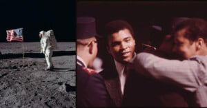 On the left, an astronaut stands on the moon beside an American flag. On the right, a well-dressed man is surrounded by people in a social setting.