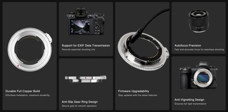 A collage showcasing camera accessories: a lens mount adapter, screen displaying a camera, autofocus precision lens, and two cameras. Labels highlight features like copper build, anti-slip design, EXIF data transmission, firmware upgradeability, and anti-vignetting.