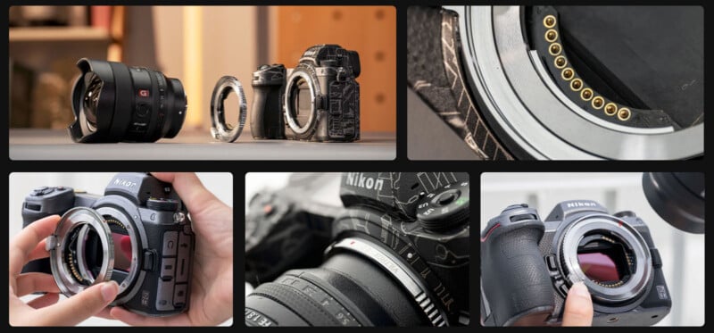 Collage of detailed images showing Nikon cameras and lenses. Close-ups include lens mounts, a person attaching a lens, and various camera components.