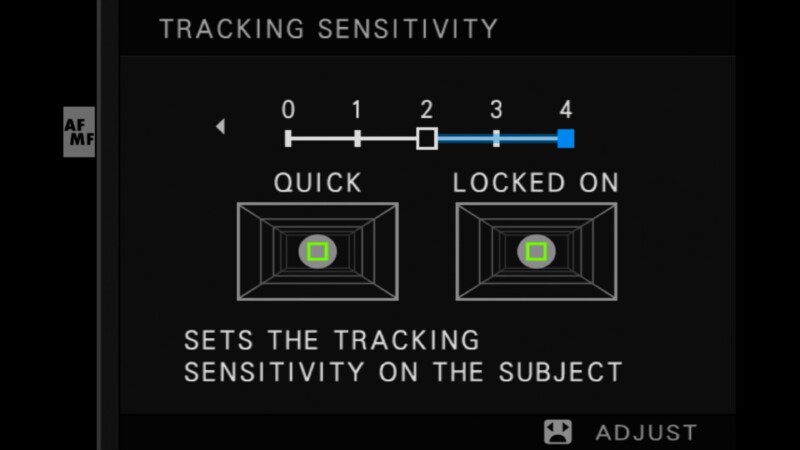 Camera tracking sensitivity adjustment screen showing a scale from 0 (quick) to 4 (locked on). Two diagrams with green squares represent different tracking settings. Text reads "Sets the tracking sensitivity on the subject.