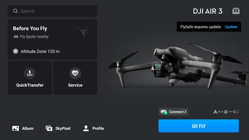 Screenshot of a DJI Air 3 drone interface. The screen shows flight preparation options like QuickTransfer and Service, and indicates the need for a FlySafe update. The "Go Fly" button is visible at the bottom right.